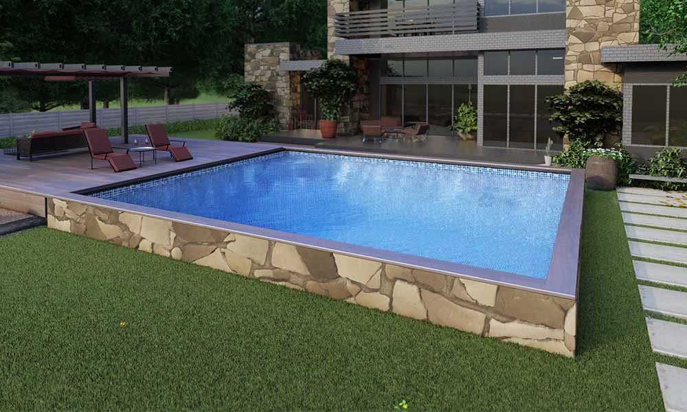 Partially inground 16x20 container pool with elevated deck