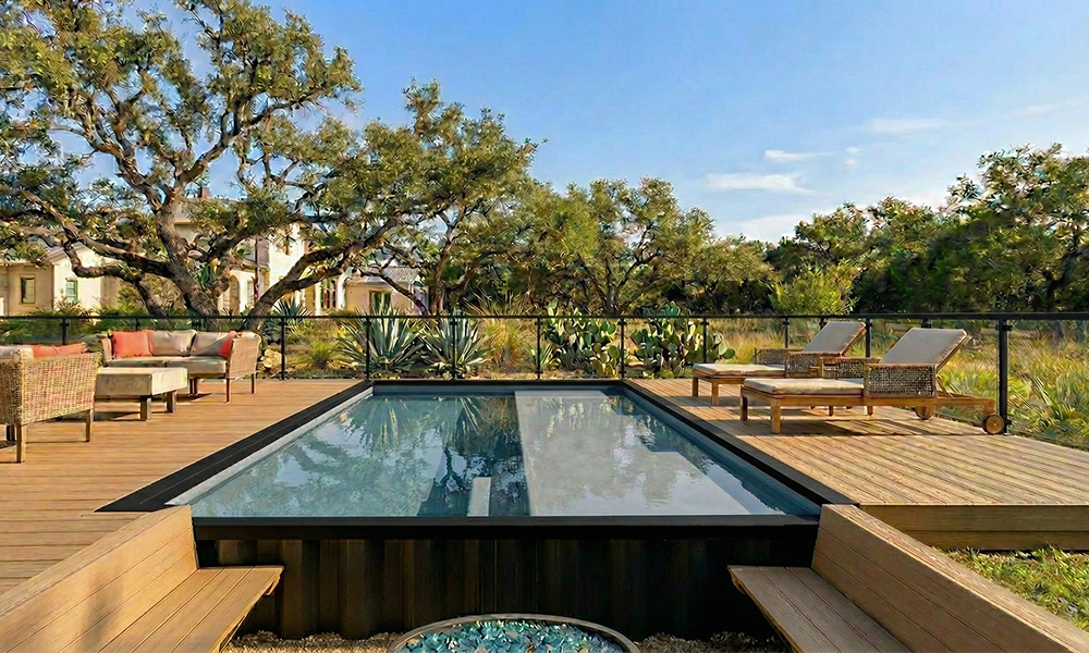 Container pool with factory-installed baja ledge