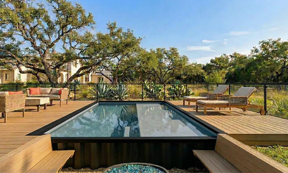 Container pool with factory-installed baja ledge
