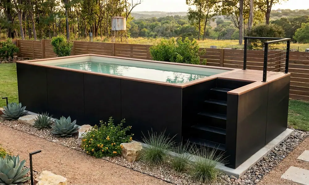Black architectural pool with custom wood deck access steps