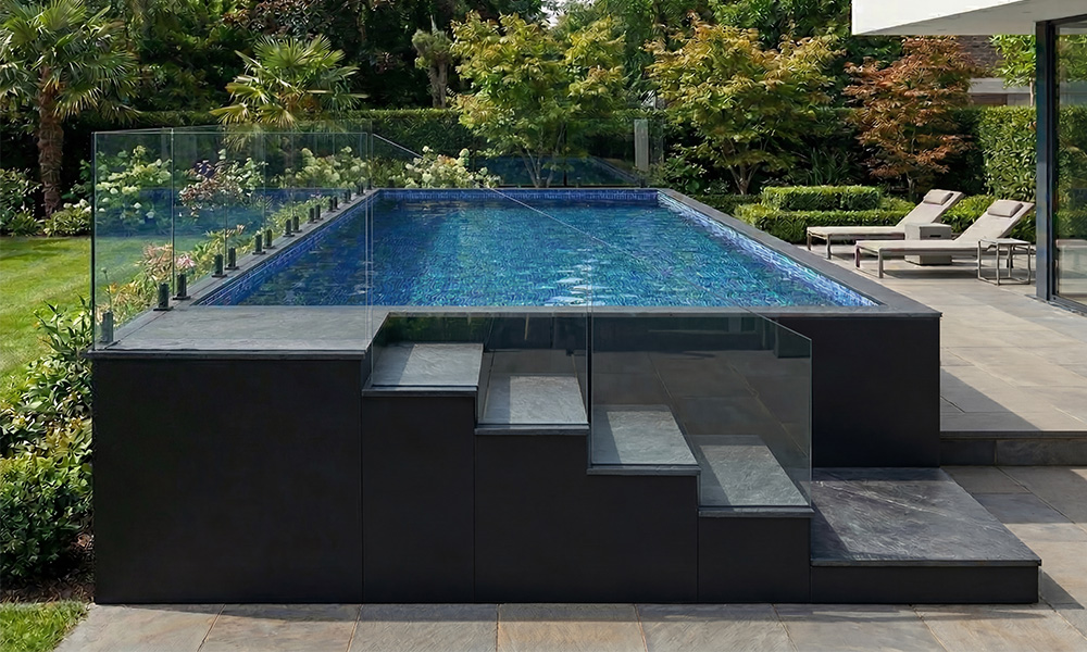 Stone-finish vertical risers on exterior pool access steps