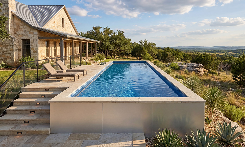 Silver architectural pool with stone coping and built-in steps