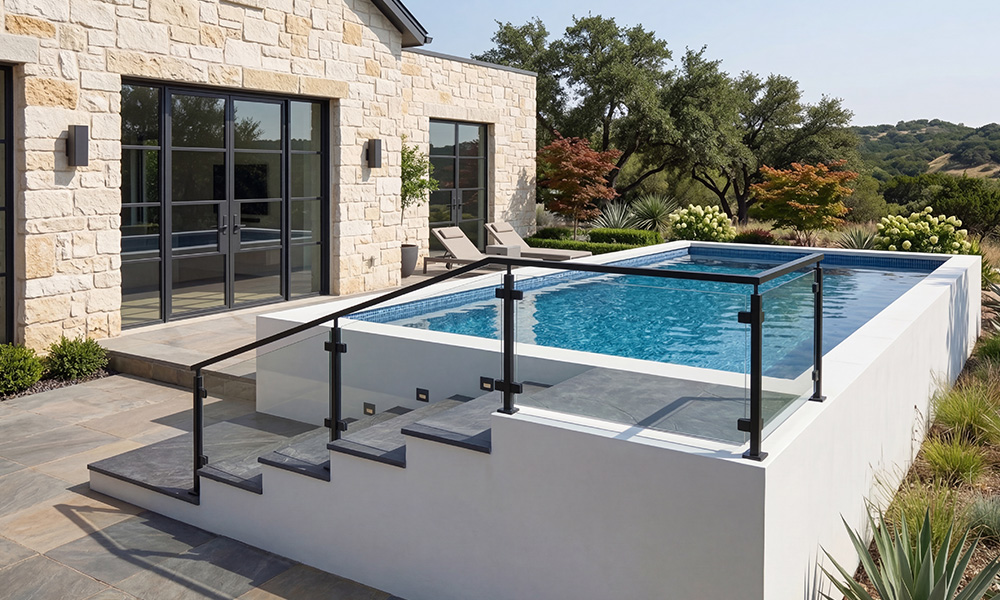 White pool with stone-finish access steps