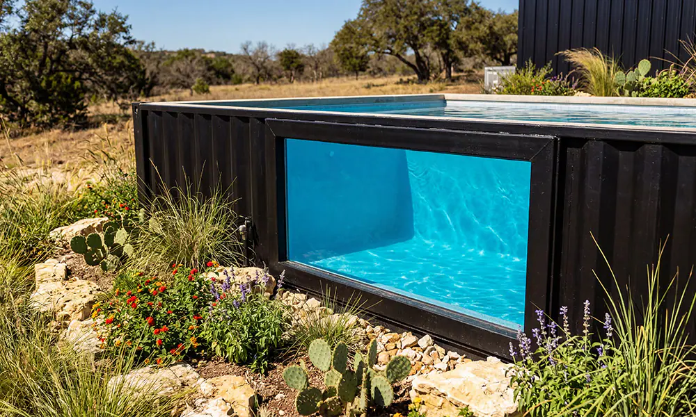 Factory-installed acrylic window on Ecopool container pool