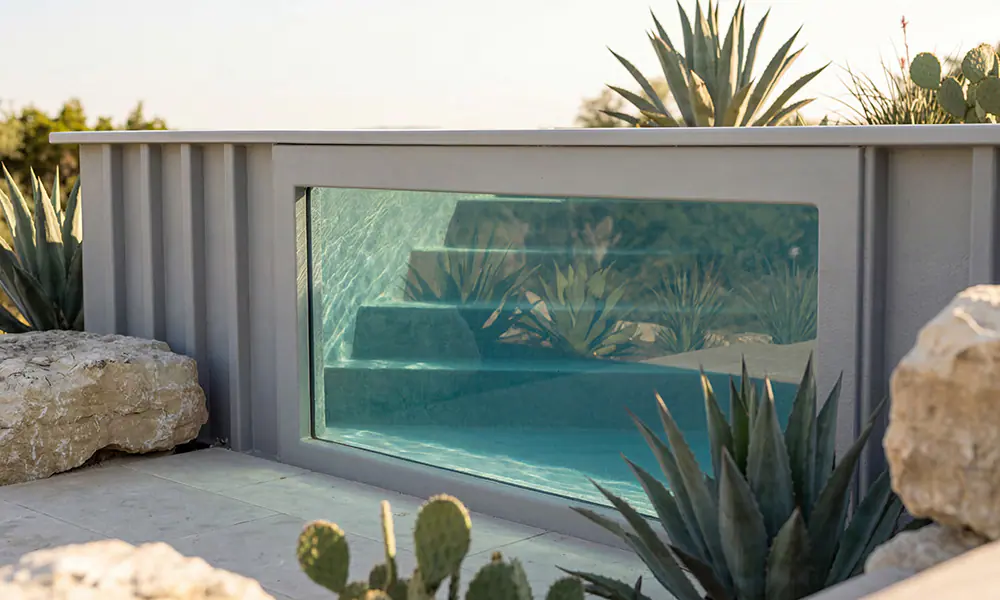 Grey Ecopool container pool with acrylic window and access steps