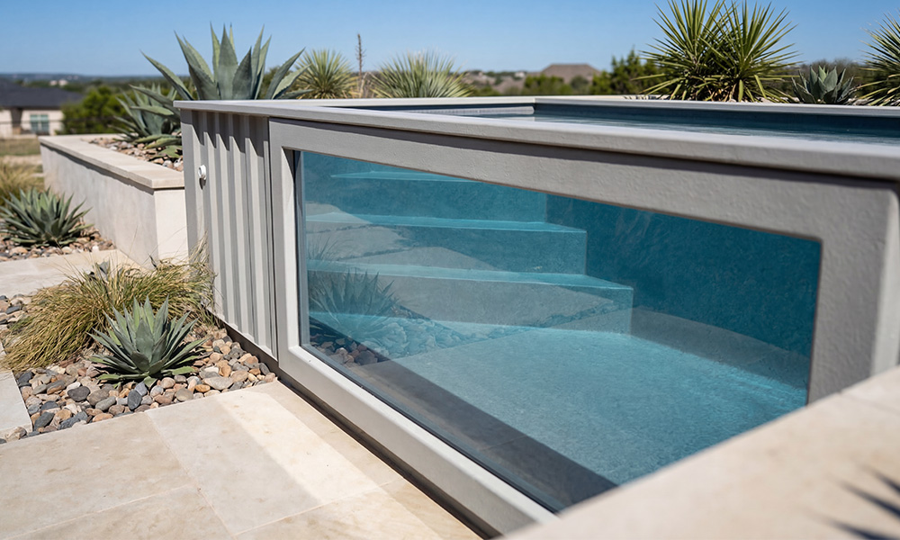 Grey Ecopool container with sleek acrylic pool window