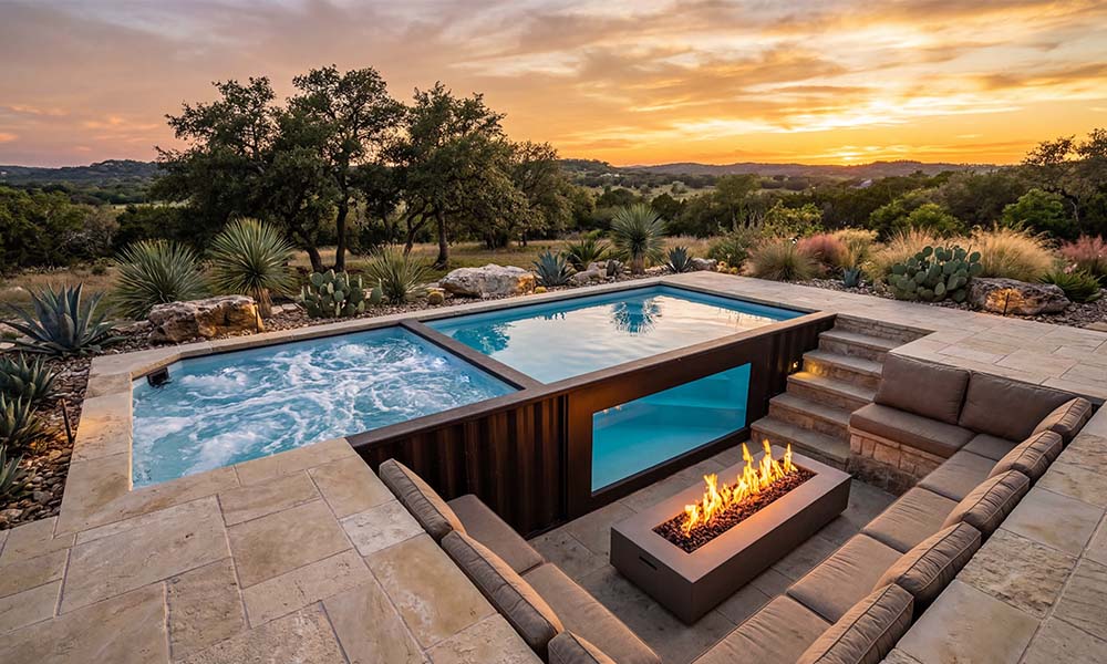 Inground pool with glass wall design showing underwater view