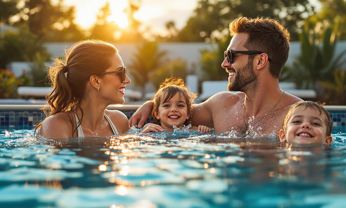Family smiling together poolside at sunset