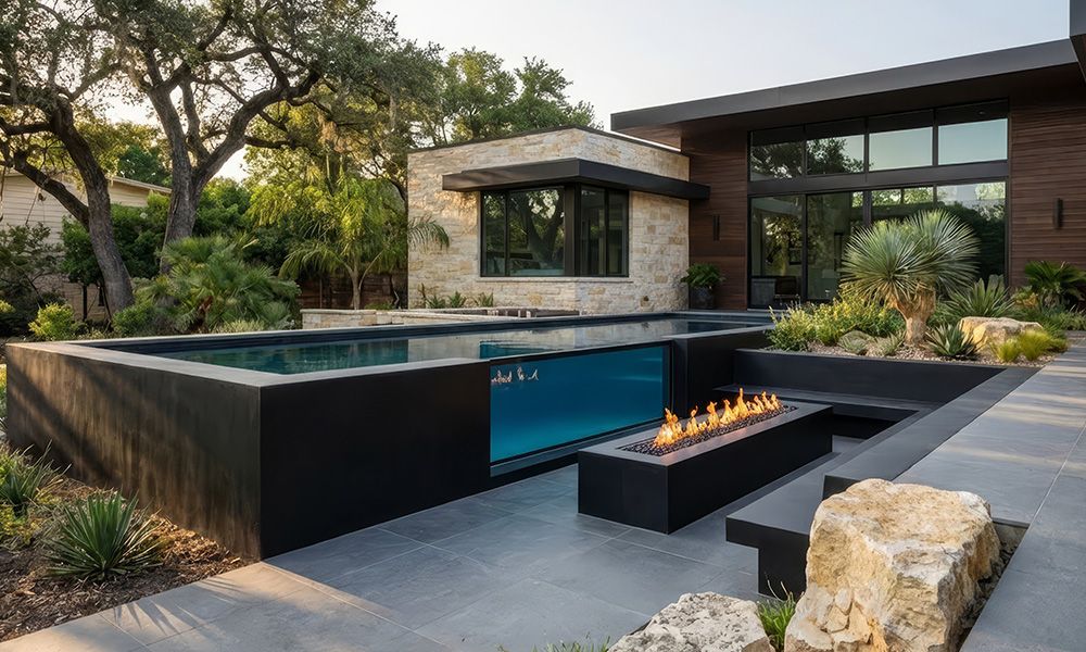 Architectural Pool with Firepit Window
