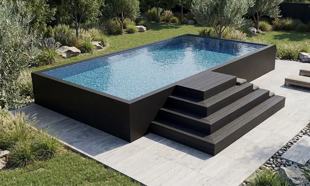 Tiered exterior access steps on black architectural onground pool with graduated entry platforms