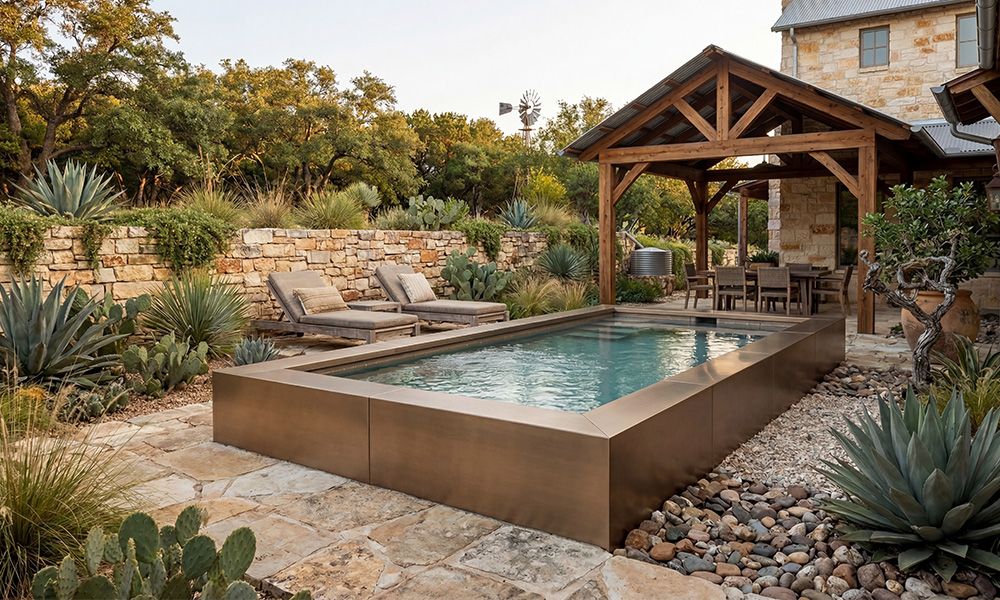 Custom cowboy pool with bronze architectural finish