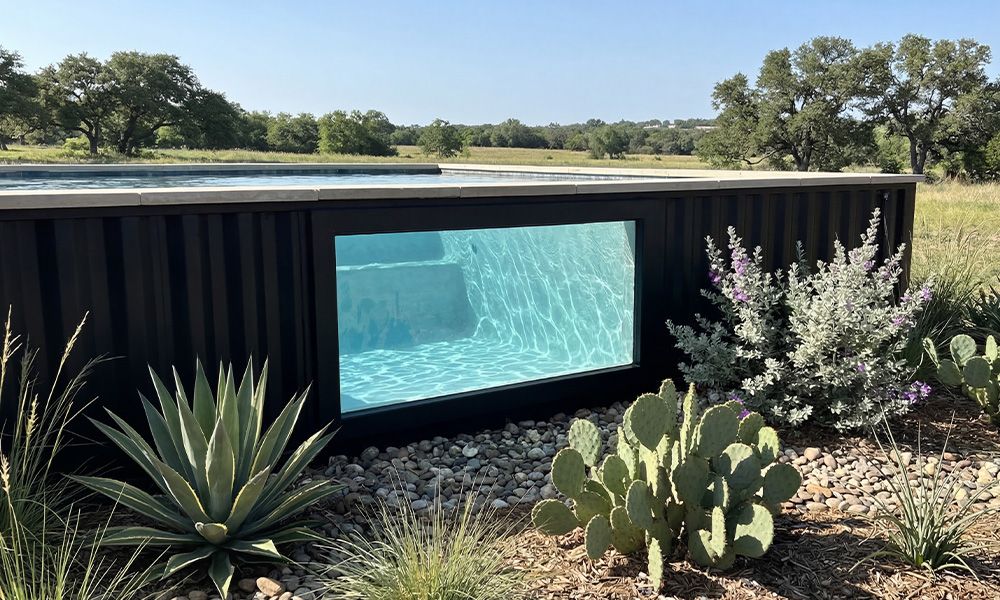Ecopool container pool with acrylic window installed in Texas