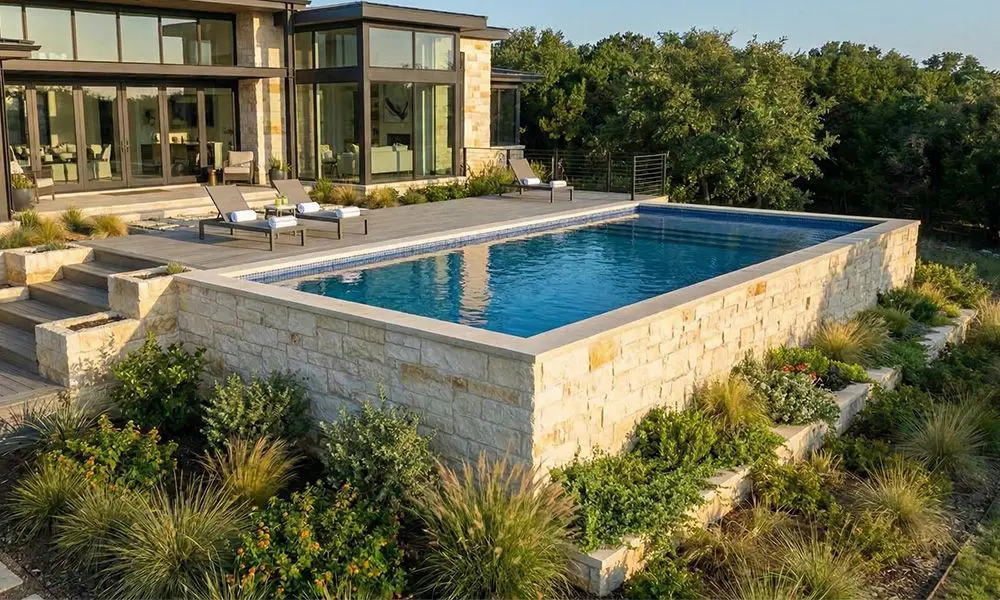 Semi-Inground Steel Pool with Limestone Cladding on Sloped Lot