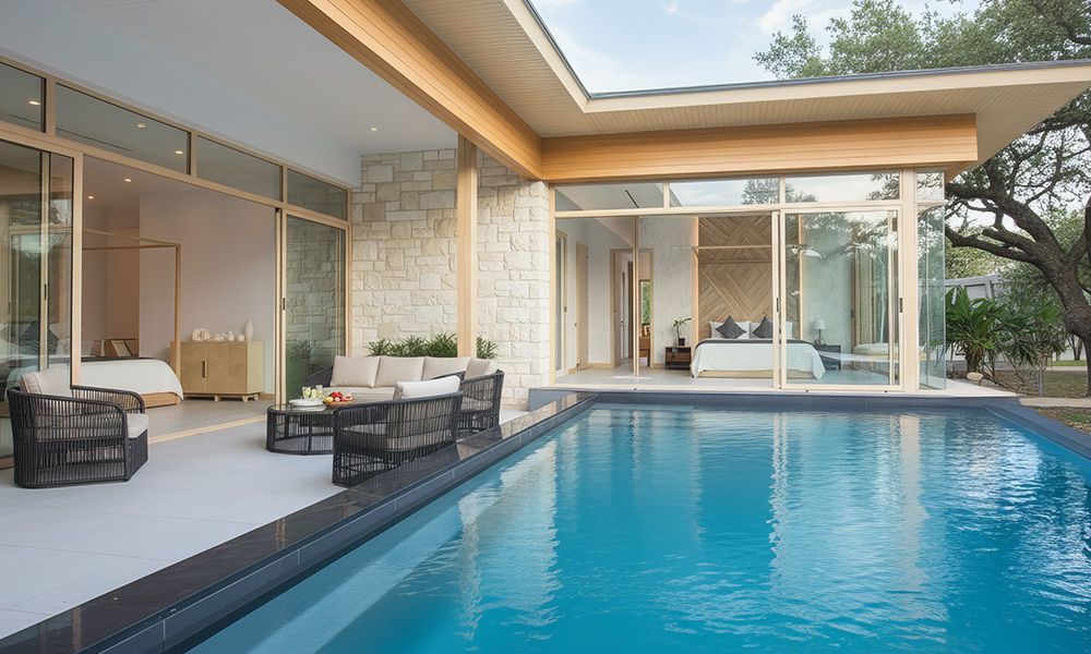 Inground steel pool alongside modern limestone home