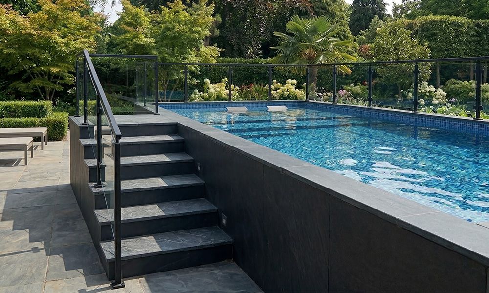 Custom exterior access steps fitted to onground hot tub and container pool installation