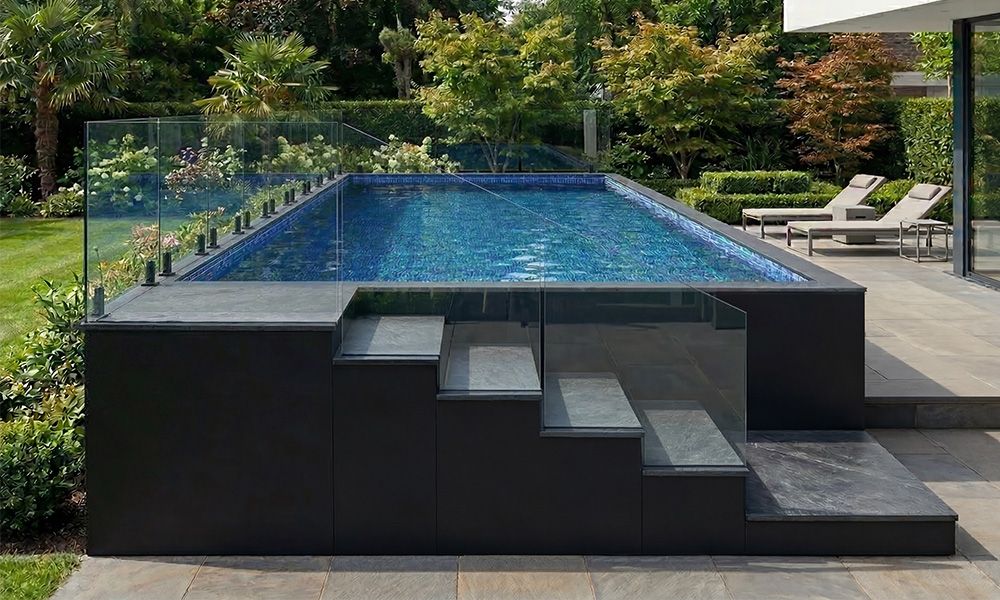 Stone-finish vertical riser panels on exterior pool access steps with Architectural Panel detail