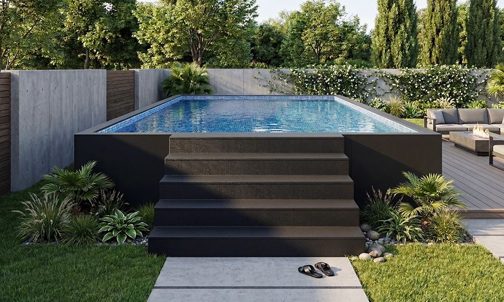 Standard straight access steps with non-slip treads for onground pool entry