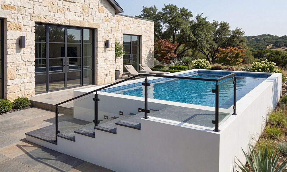 Close-up of Polyurea and Zycore tread finishes on white onground pool access steps