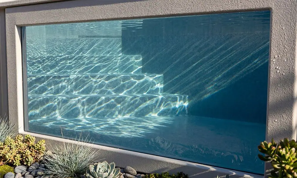 Close-up of acrylic pool window on grey Ecopool container