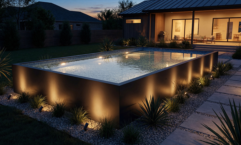 Above ground pool photographed at night with LED underwater lighting