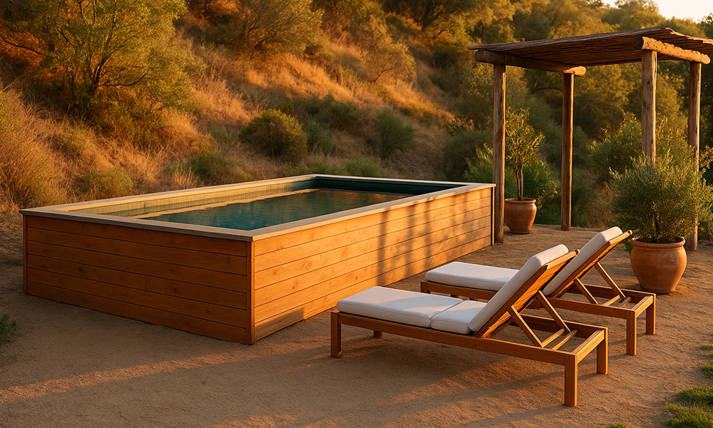Ecopool sited semi-inground on a hillside