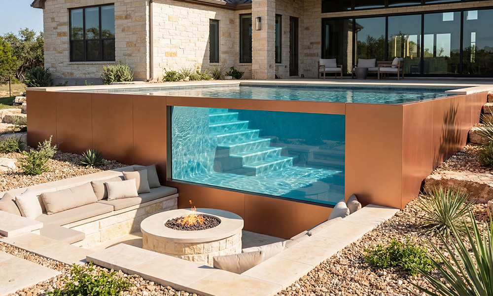 Modern above ground pool with architectural copper panels and minimalist backyard design