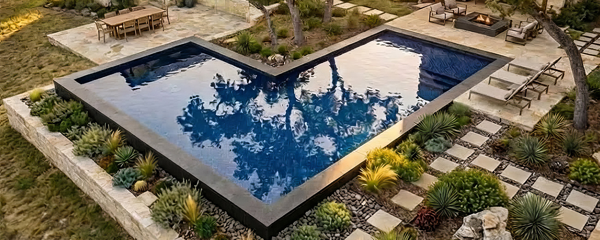 Overhead view of an L-shape Ecopool architectural pool
