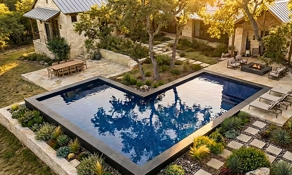 Overhead view of L-shaped inground pool with modern landscaping