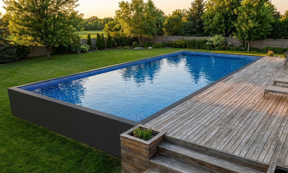 Fully above ground architectural pool on a level pad in a large backyard