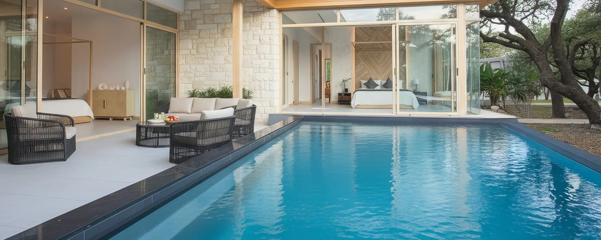 Ecopool Semi-Inground Pool with Limestone Surround Overhead View