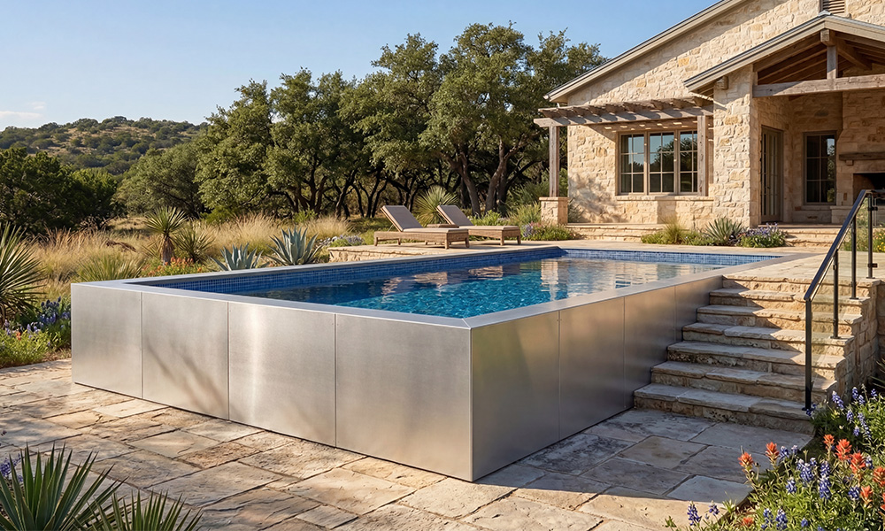 Modern above ground architectural pool in silver finish with minimalist landscaping