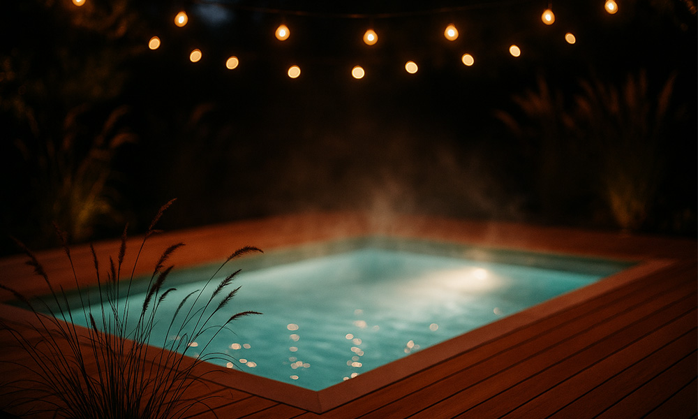Inground pool and spa combination with warm lighting at dusk