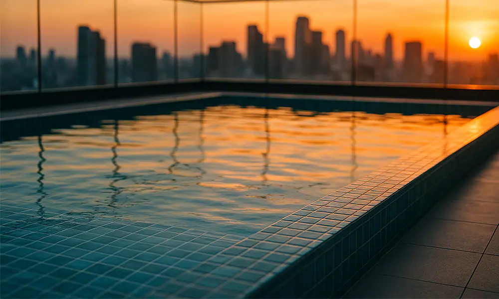 Above ground pool at sunset with landscape lighting and backyard patio