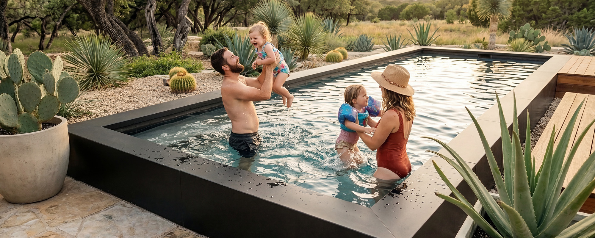 Family enjoying an Ecopool steel cowboy pool