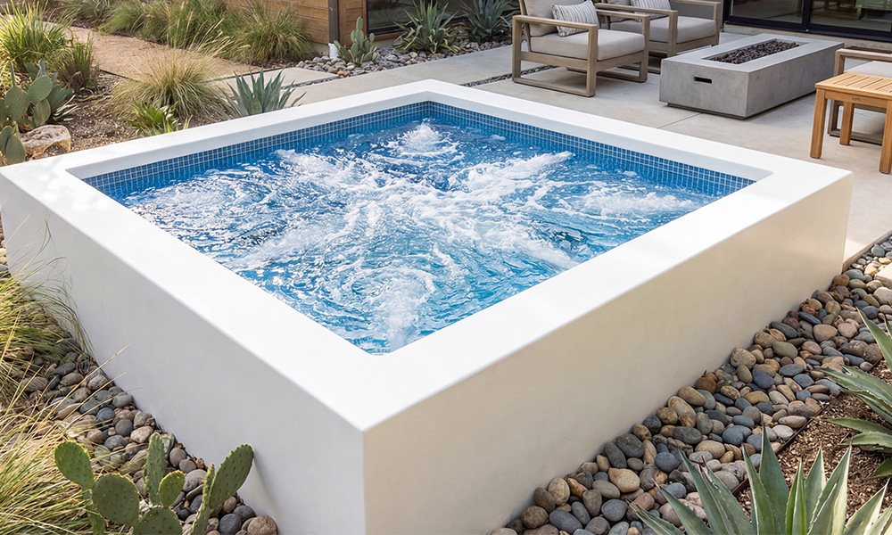 Above-ground white Ecopool spa in backyard oasis