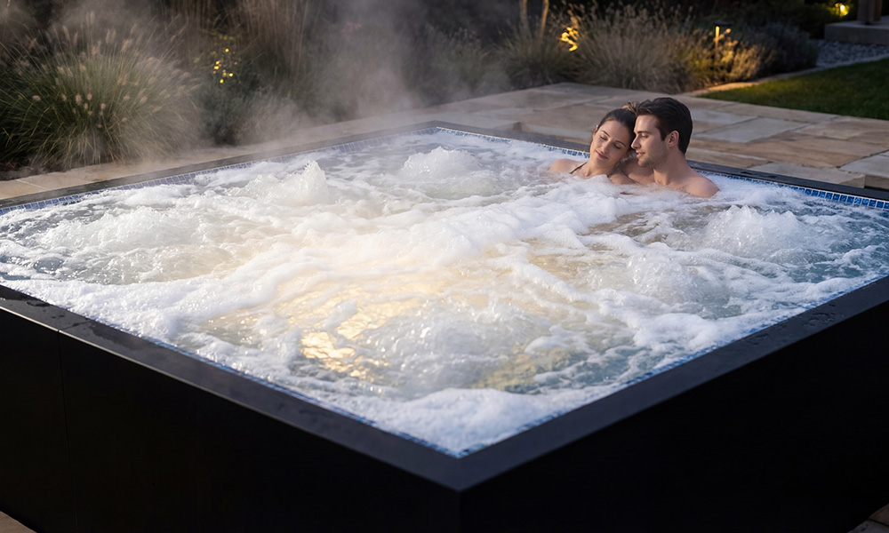 Couple relaxing in Ecopool S-Series hot tub under the stars