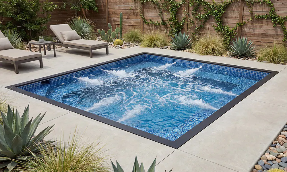 Inground Ecopool hot tub with lush landscaping