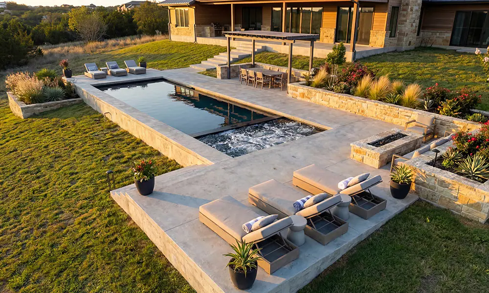 Aerial view of inground integrated Ecopool hot tub