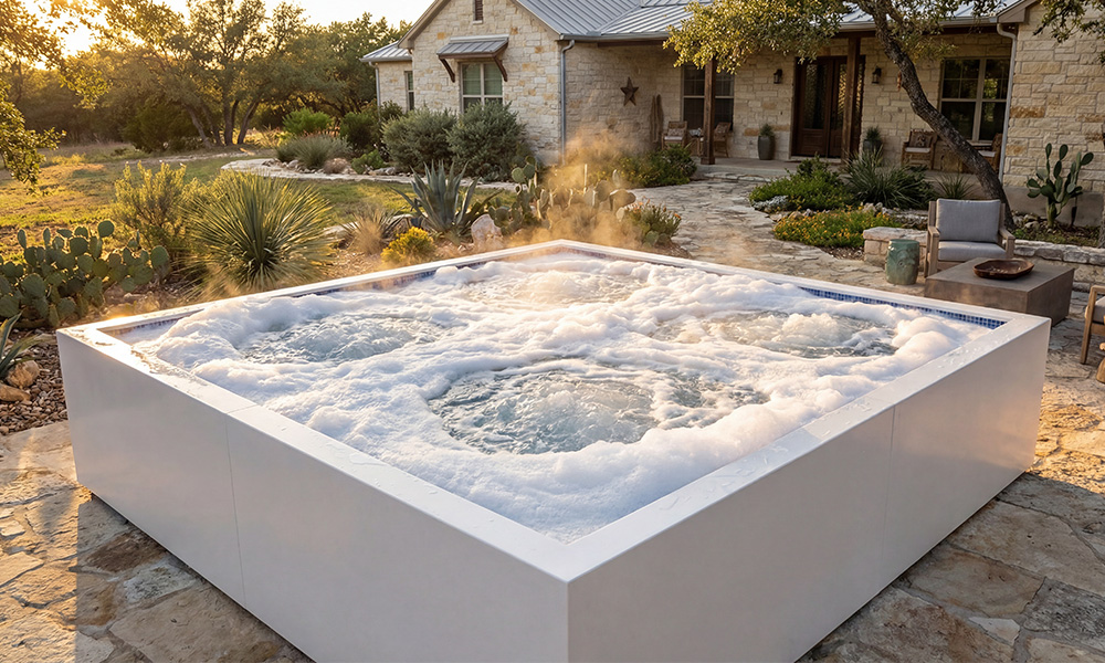 White exterior Ecopool architectural hot tub in garden setting
