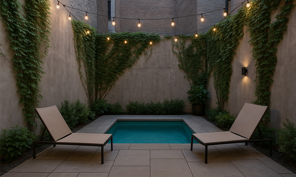 Luxury inground pool with premium lighting and landscaping