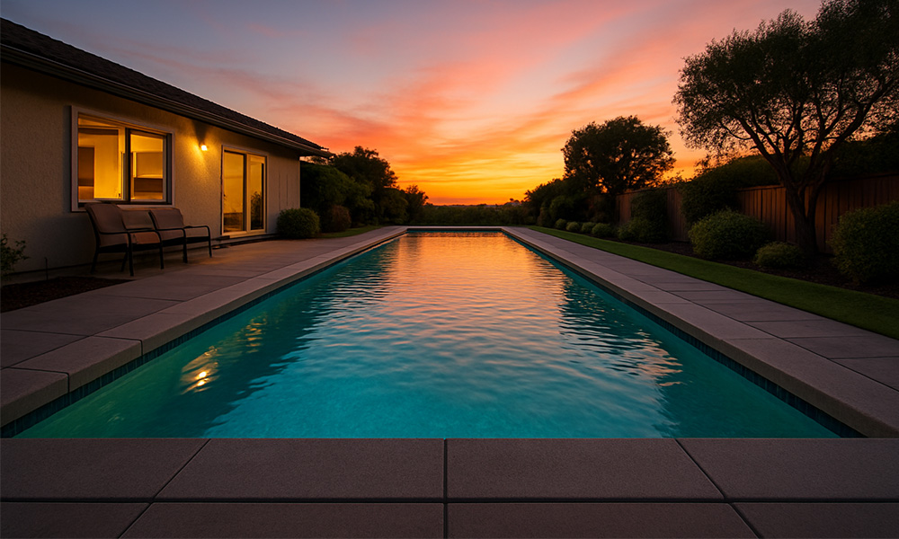 Inground Ecopool installation at sunset with modern landscape design