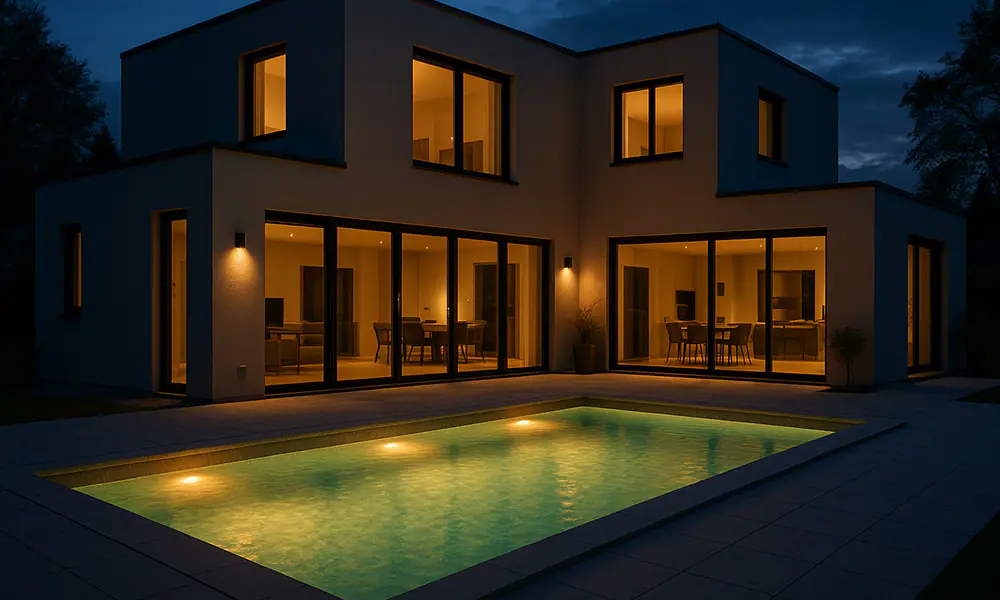 8x20 Ecopool plunge pool illuminated at night