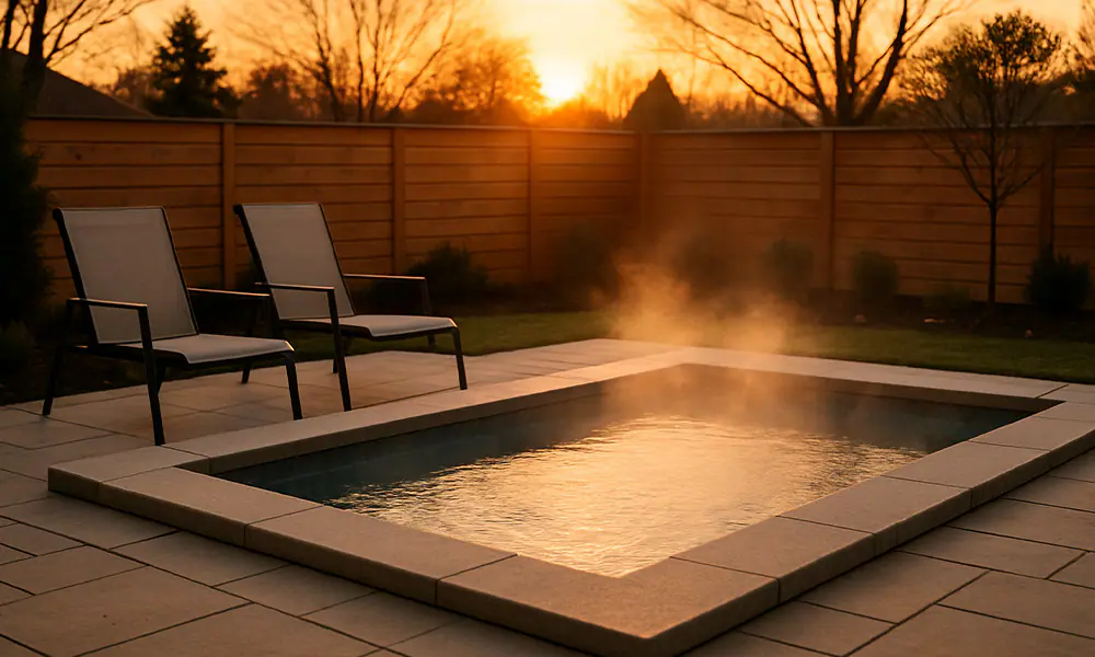 Heated plunge pool with steam rising at sunset