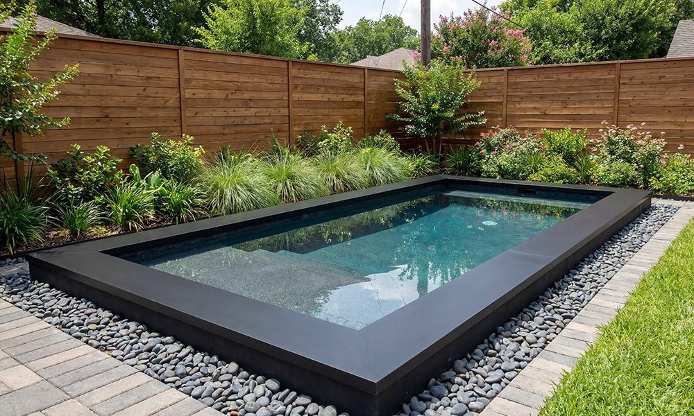 Semi-inground Ecopool partially buried into a sloped backyard