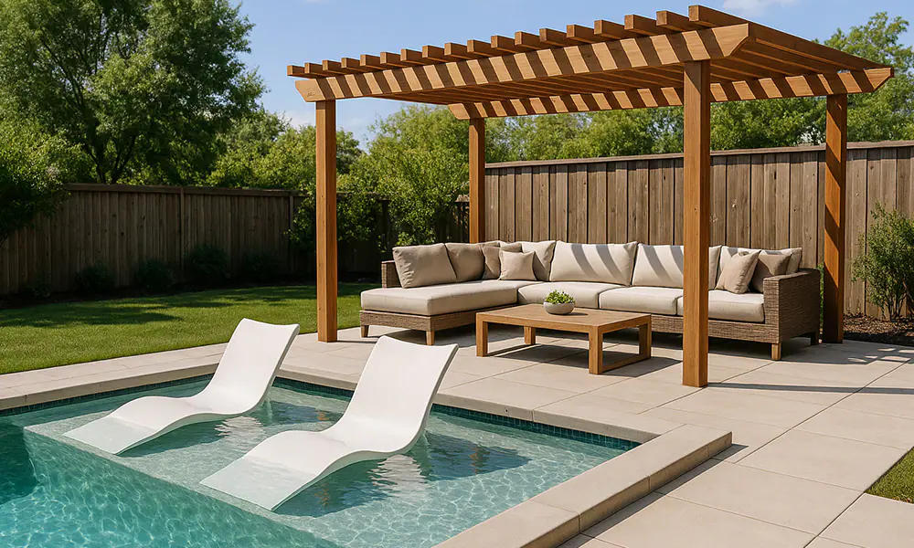 Plunge pool with designer lounge chairs and umbrella