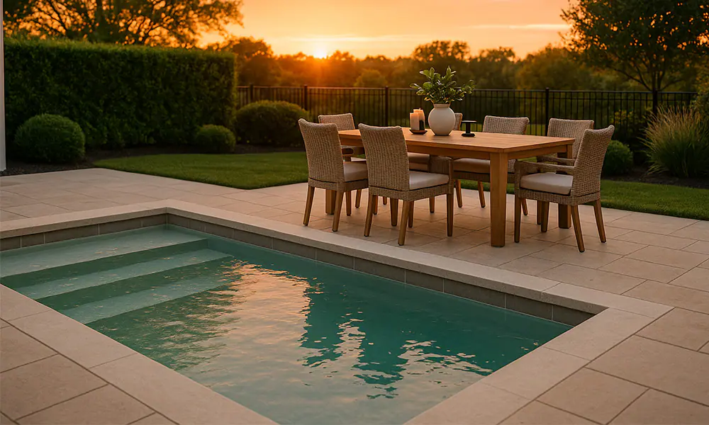 Stunning sunset behind a modern plunge pool