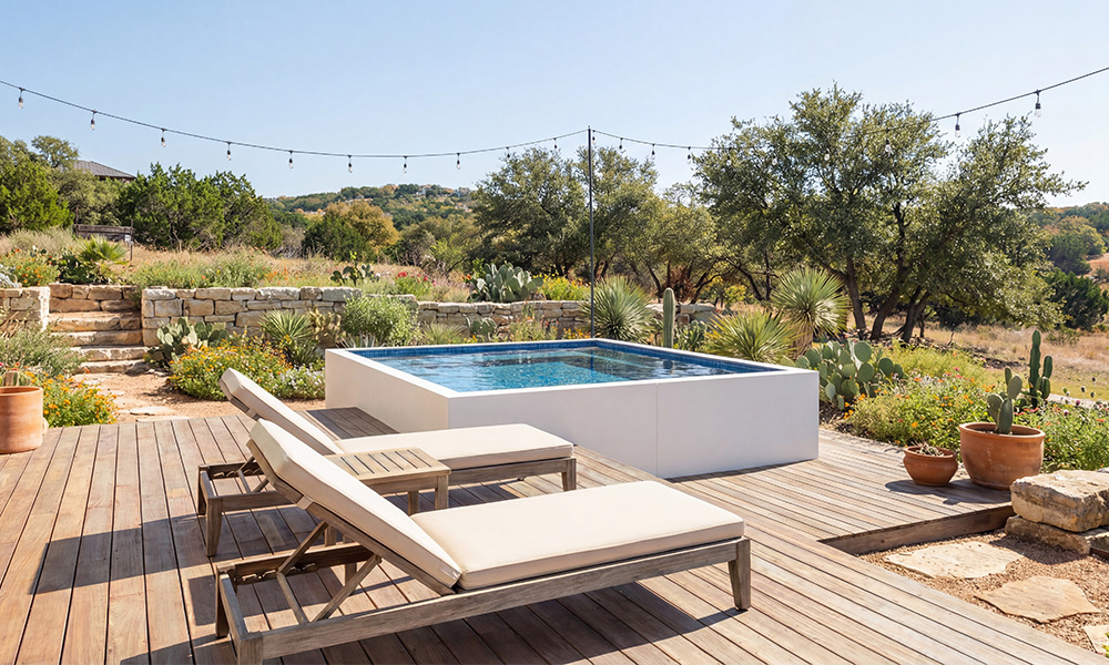 Small above ground plunge pool in white finish on a compact backyard patio