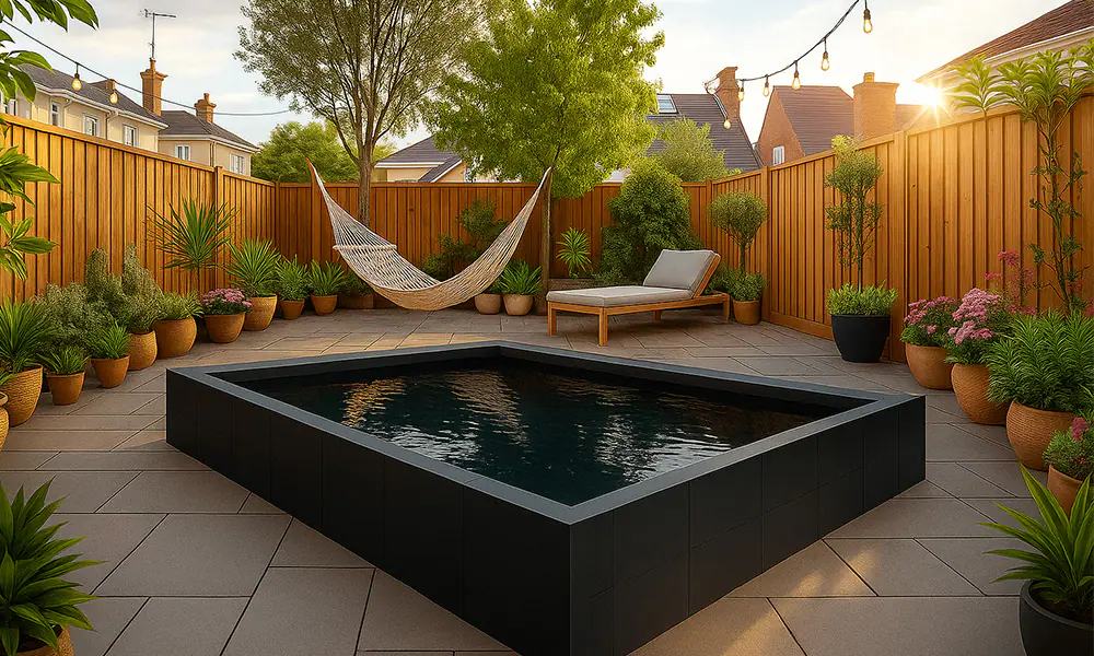 Modern Ecopool S-Series steel plunge pool installed on-ground